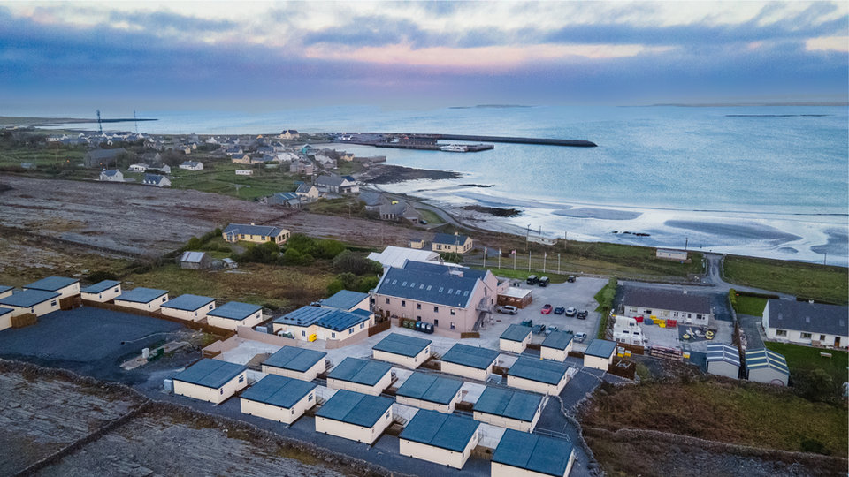 Aerial view of the Aran Islands Hotel and seaview chalets on Inis Mór